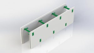 Комблок для внутренних несущих стен, гипс/гипс. Состоит из двух гипсовых панелей которые является уже готовой штукатуркой и семи пластиковых регулируемых перемычек позволяющих регулировать толщину бетонного ядра стены в диапазоне от 100 до 430 мм