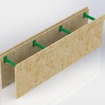 Блок мелкощитовой съемной (многоразовой) опалубки. Состоит из двух панелей из OSB и семи пластиковых регулируемых перемычек позволяющие регулировать толщину бетонного ядра стены в диапазоне от 100 до 430 мм. Панели приобретаются только на два ряда периметра здания.